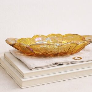 Amber Iridescent Glass Leaf Bowl